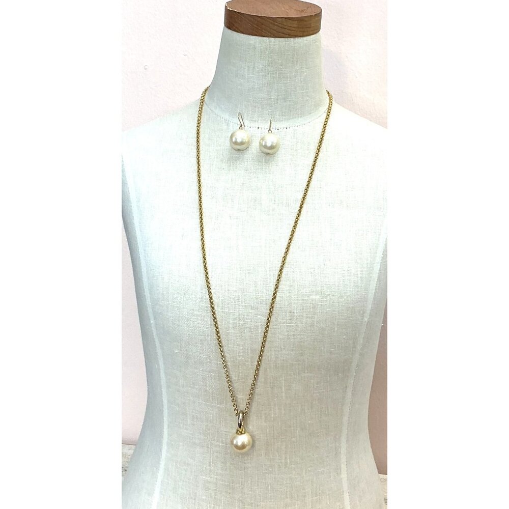 Gold-Tone Necklace and Faux Pearl Earring Set With Drop Pendant and Dangle Earri